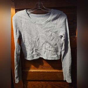 Women's American Eagle Baby Blue Waffle Knit Cropped Long Sleeve Top